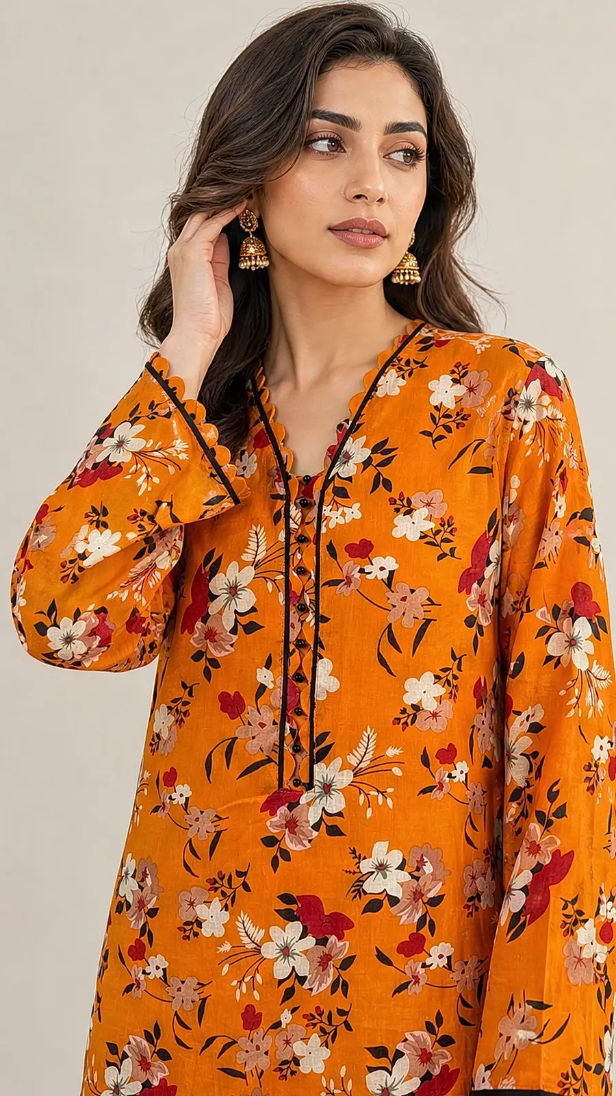 Orange Floral Cotton Lawn Two Piece Coord Suit