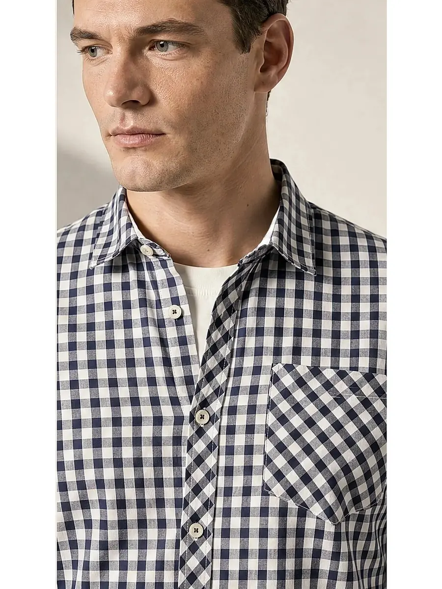 Recipe Men Navy White Gingham Check Long Sleeve Button-Down Shirt