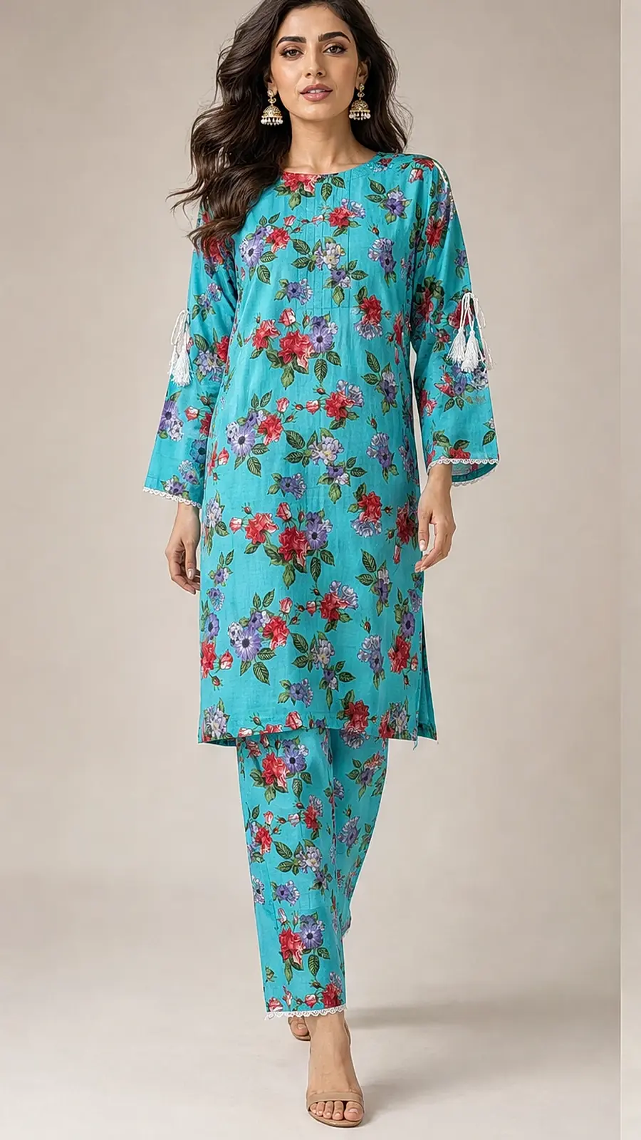 Turquoise Floral Cotton Lawn Co-ord Set