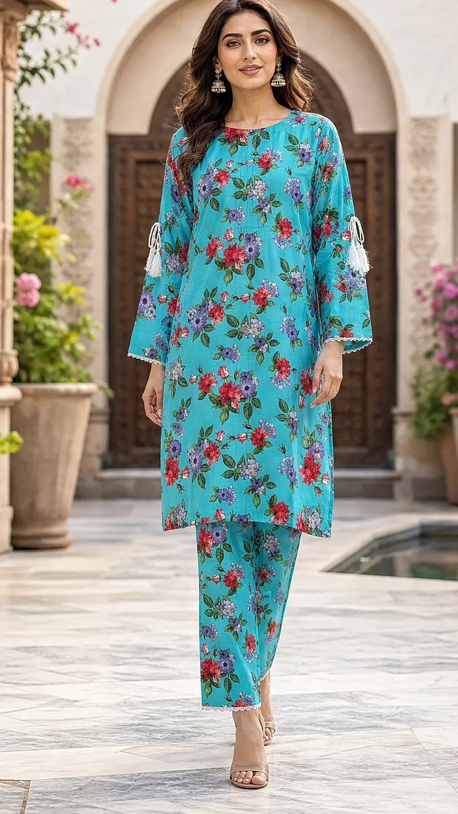 Turquoise Floral Cotton Lawn Co-ord Set