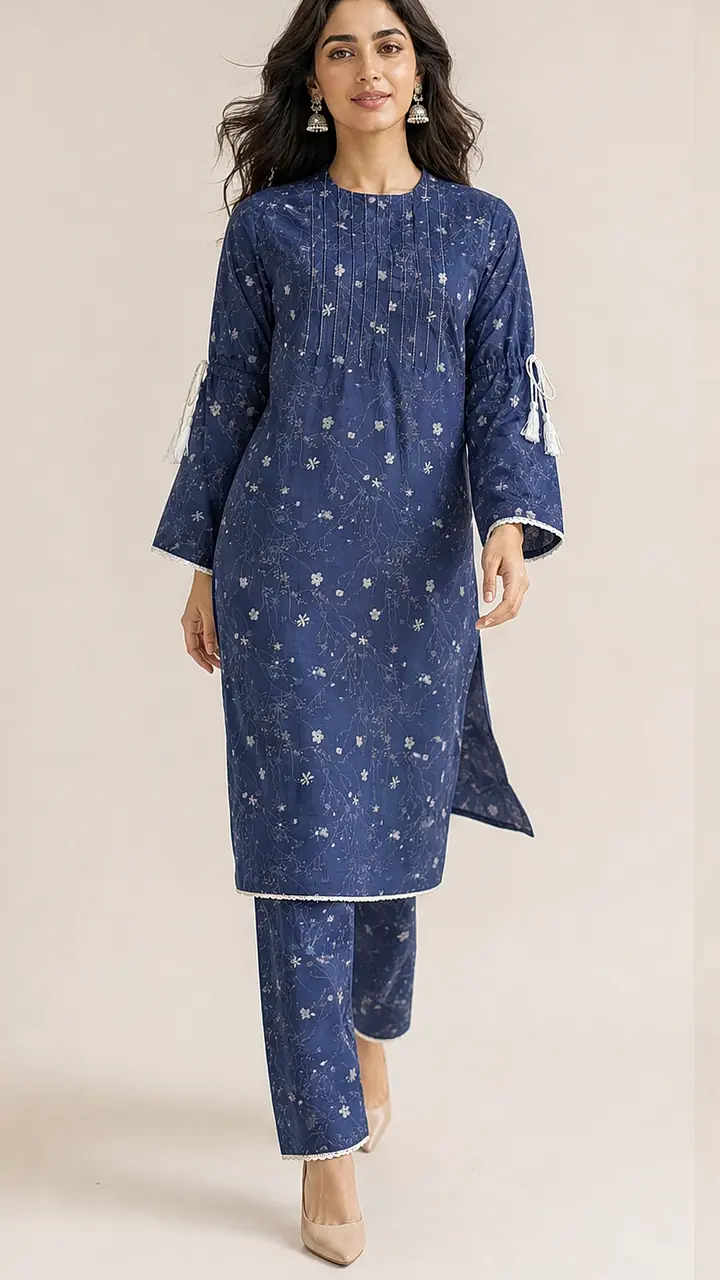 Steel Blue Starburst Floral Egyptian Cotton Swiss Voile 2-Piece Co-ord Set - Long Length Shirt