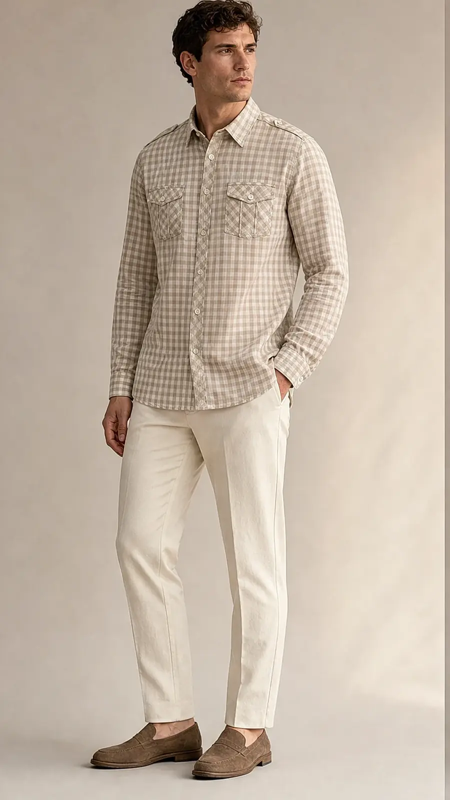 Beige White Gingum Check Egyption Cotton Shirt