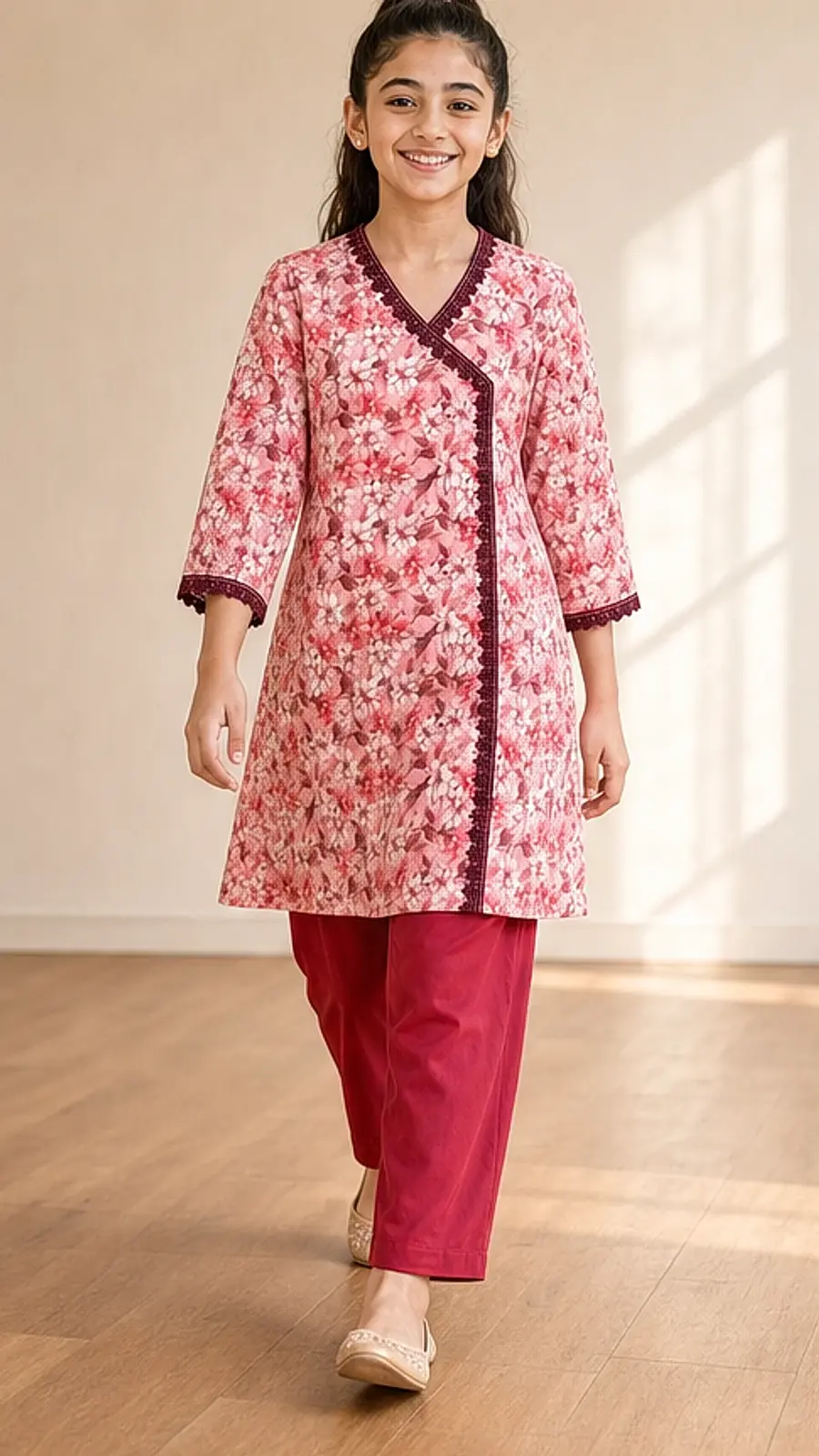 Girls Crimson Floral Angrakha Shalwar Set