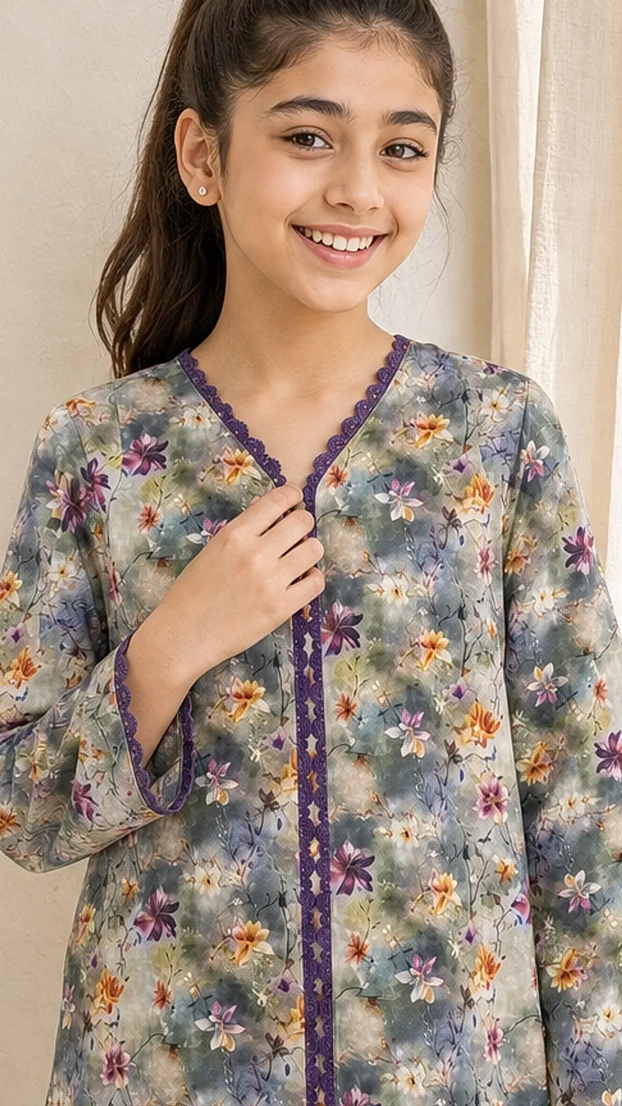 Girls Muted Floral Angrakha Shalwar Set