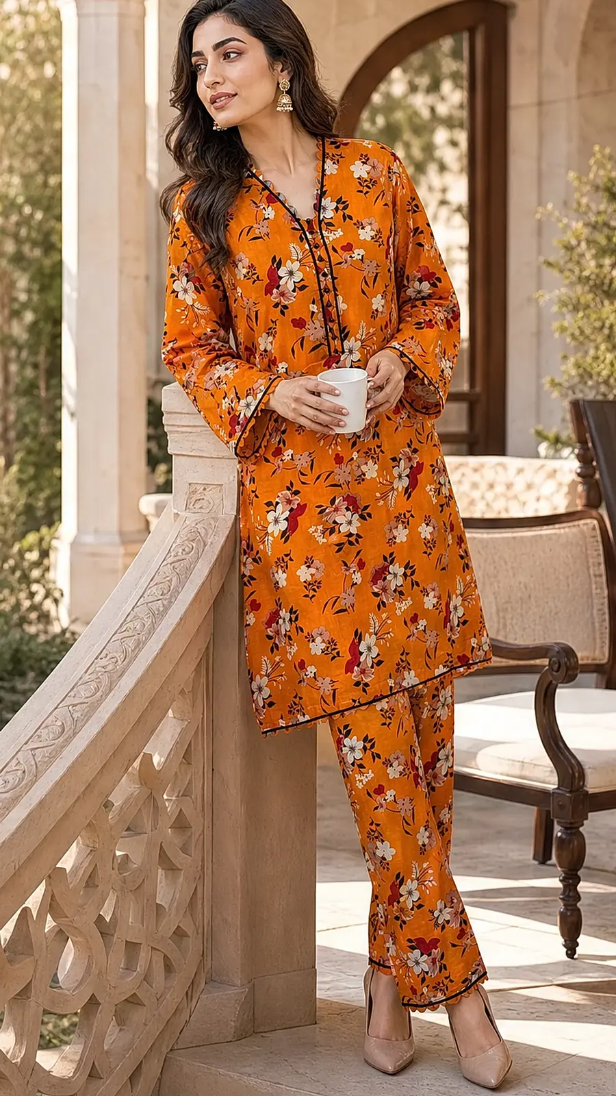 Orange Floral Cotton Lawn Two Piece Coord Suit