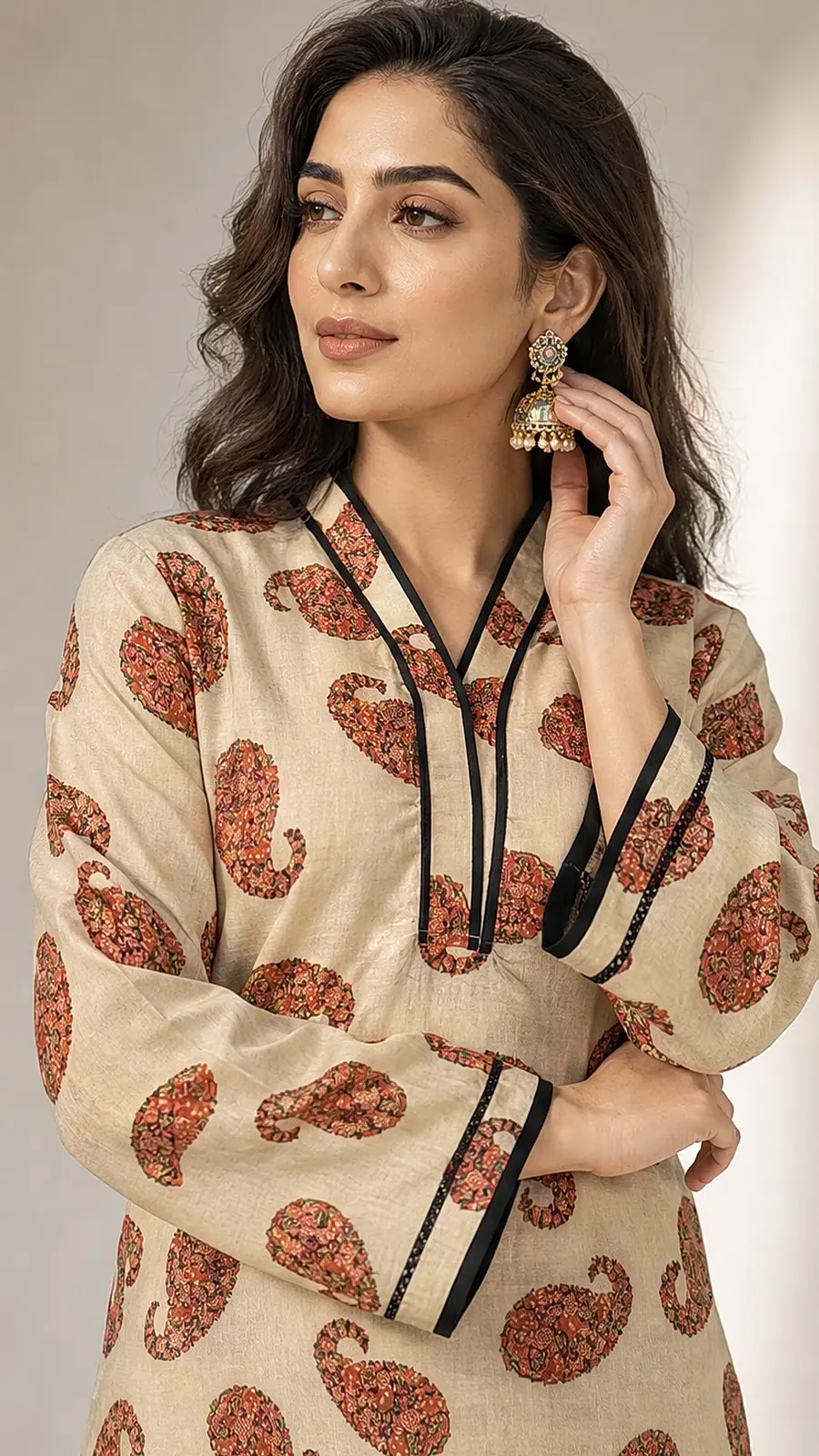 Beige_Orange 2 Pcs Coord  Soft Cotton Lawn Suit