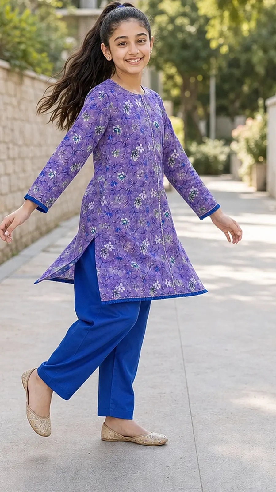 Girls Purple Floral Kurta Blue Pant Set