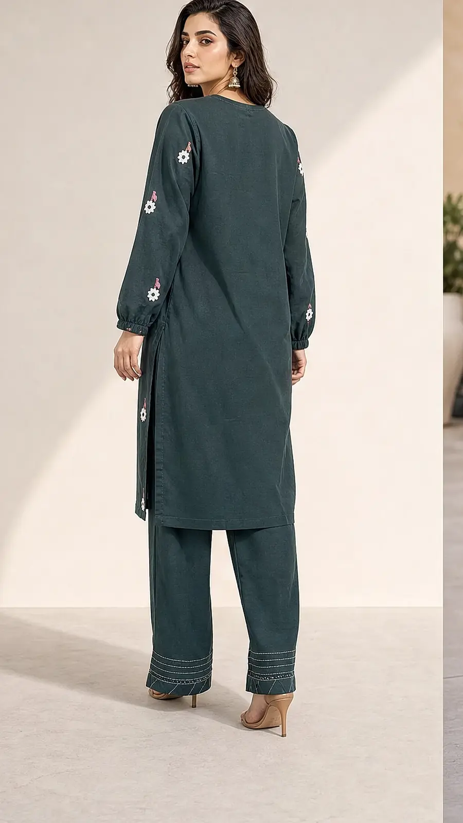 Bottle Green Embroidered Cotton Lawn 2 Piece Suit