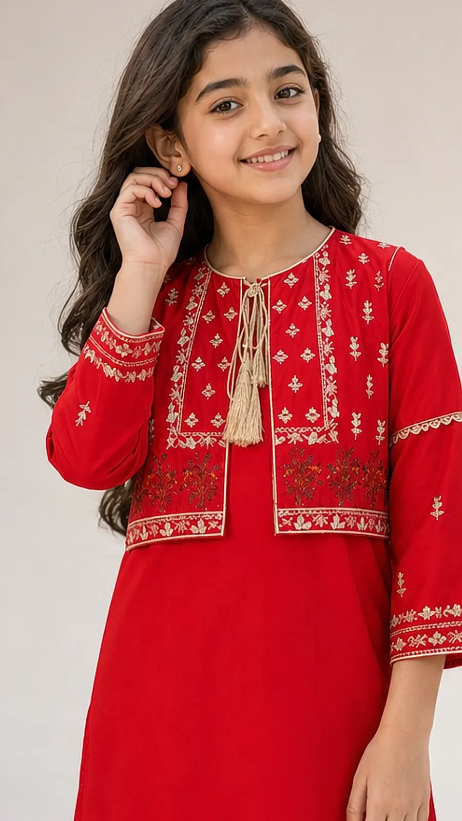 Girls Red Embroidered Kurta Pant Set