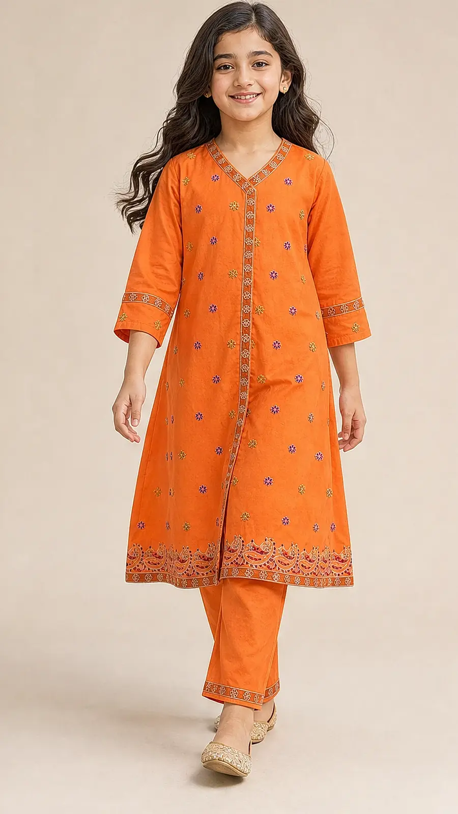 Girls Orange Embroidered Kurta Pant Set