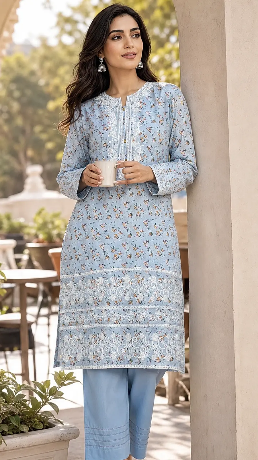 Blue Printed Embroidered 2-Piece Cotton Lawn Suit