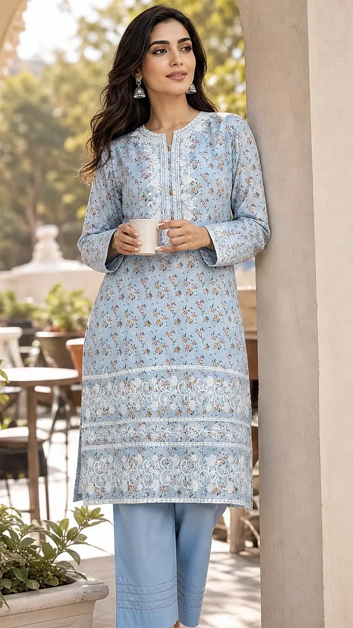 Blue Printed Embroidered 2-Piece Cotton Lawn Suit