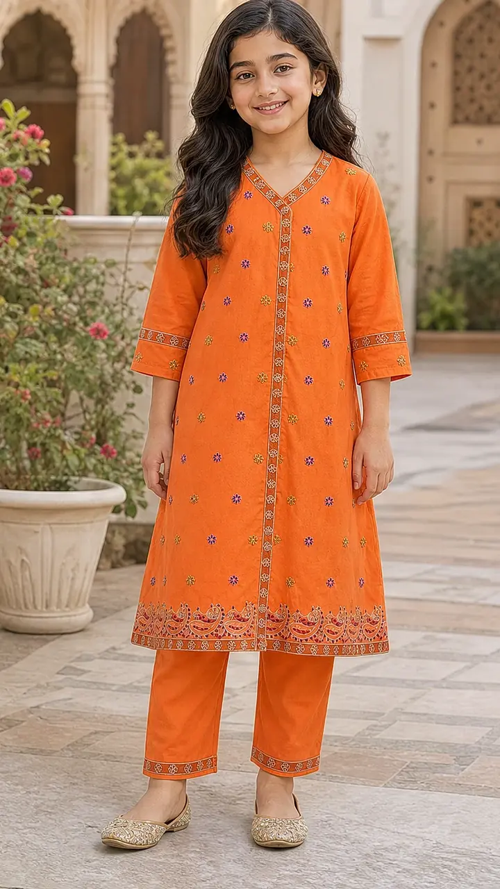 Girls Orange Embroidered Kurta Pant Set