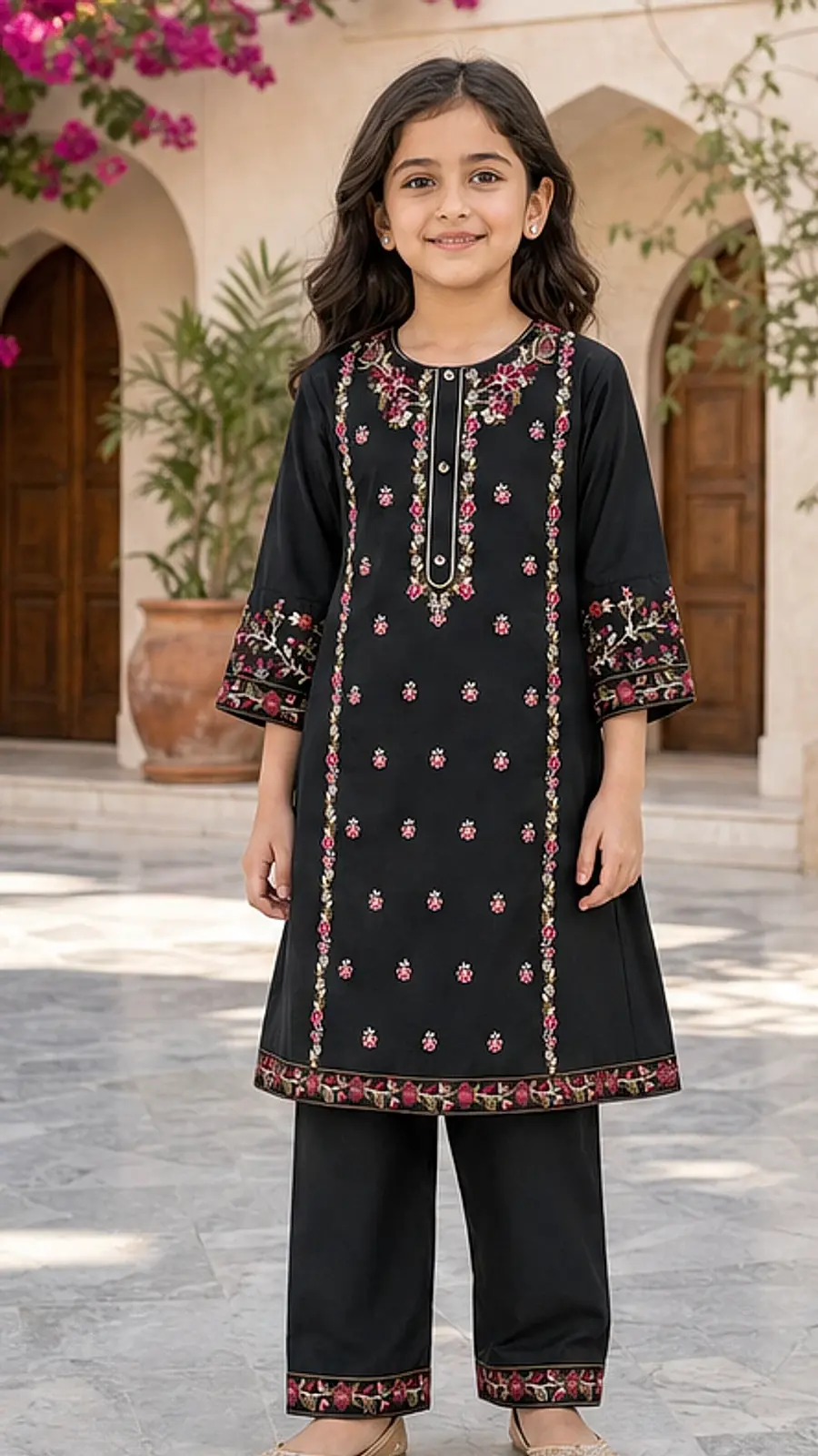 Girls Embroidered Black Kurta Trouser Set