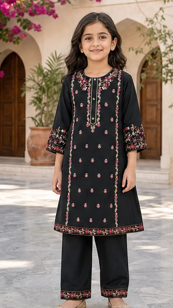 Girls Embroidered Black Kurta Trouser Set