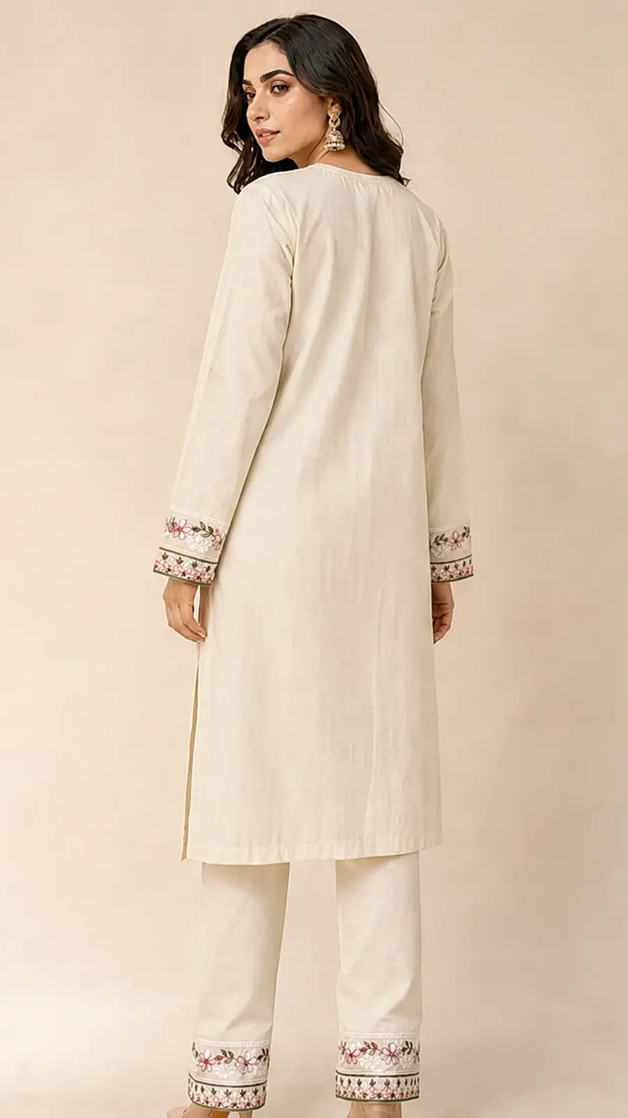 Cream Embroidered Cotton Kurta Pant Set