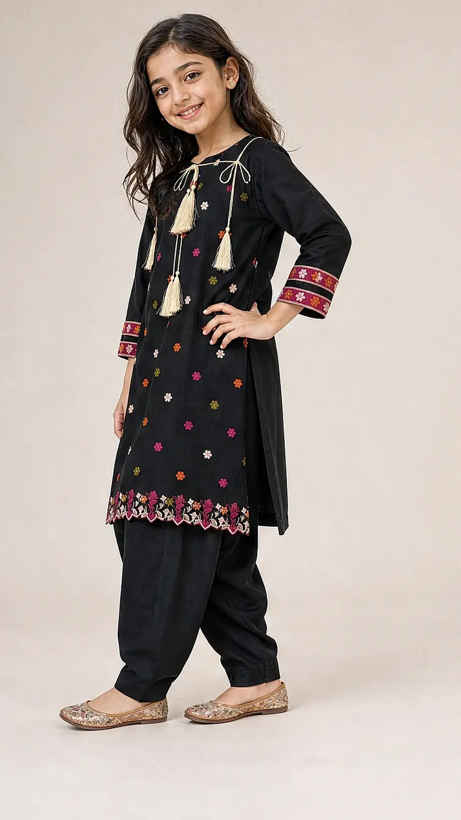 Girls Black Embroidered Kurta Salwar Set
