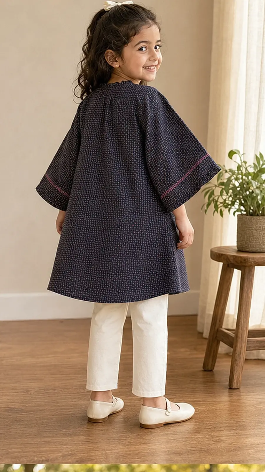 Girls Navy Printed Kurta Pant Set