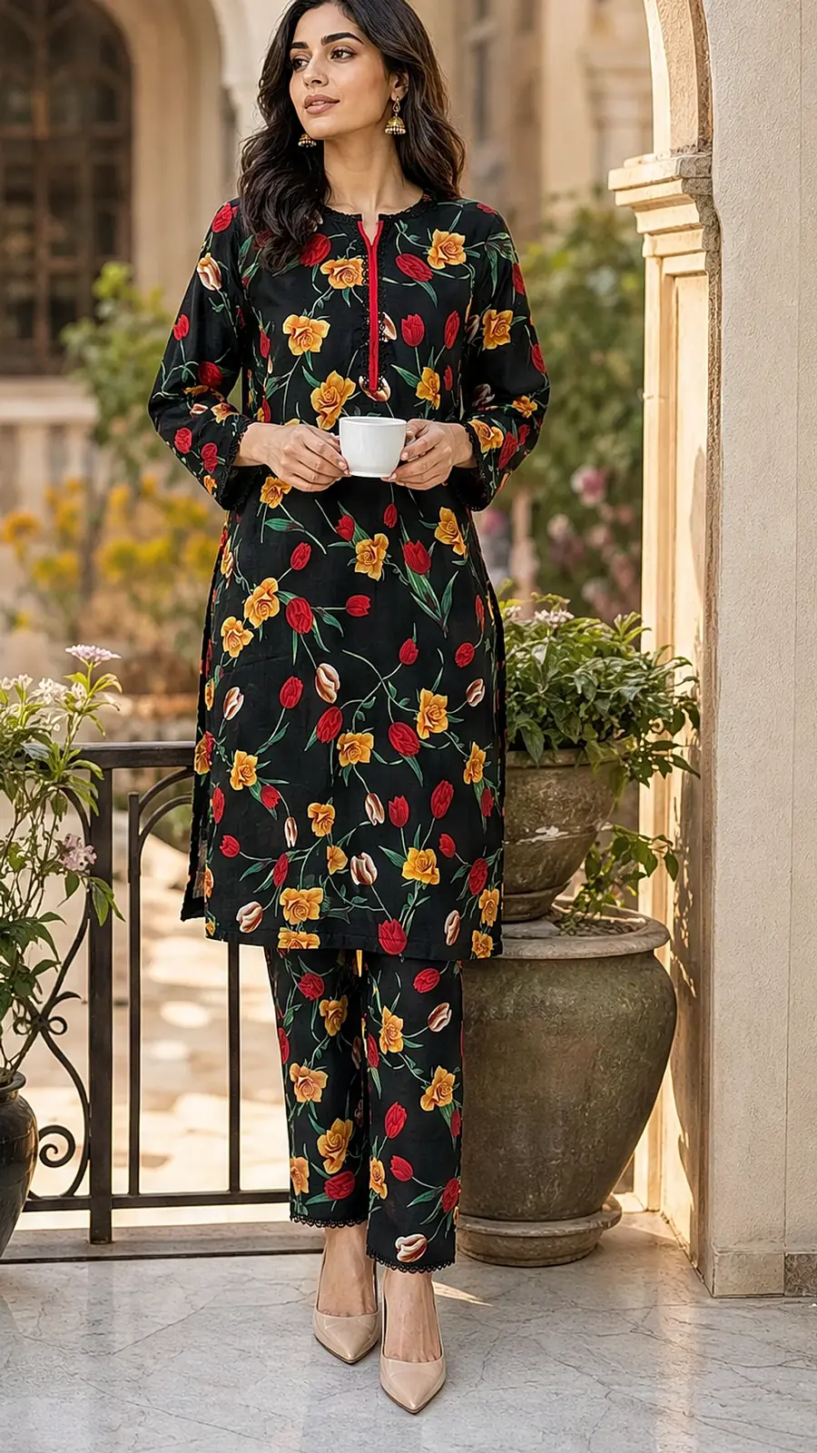 Black Floral Two Piece Cotton Lawn Coord Set