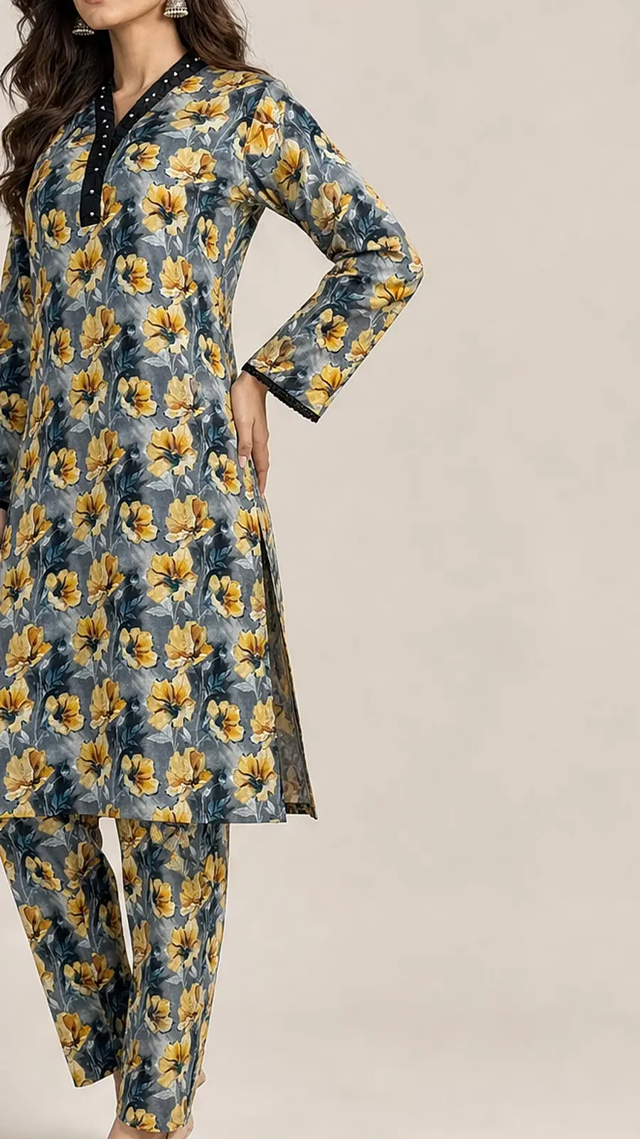 Gray_Yellow 2 Pcs Coord  Soft Cotton Lawn Suit