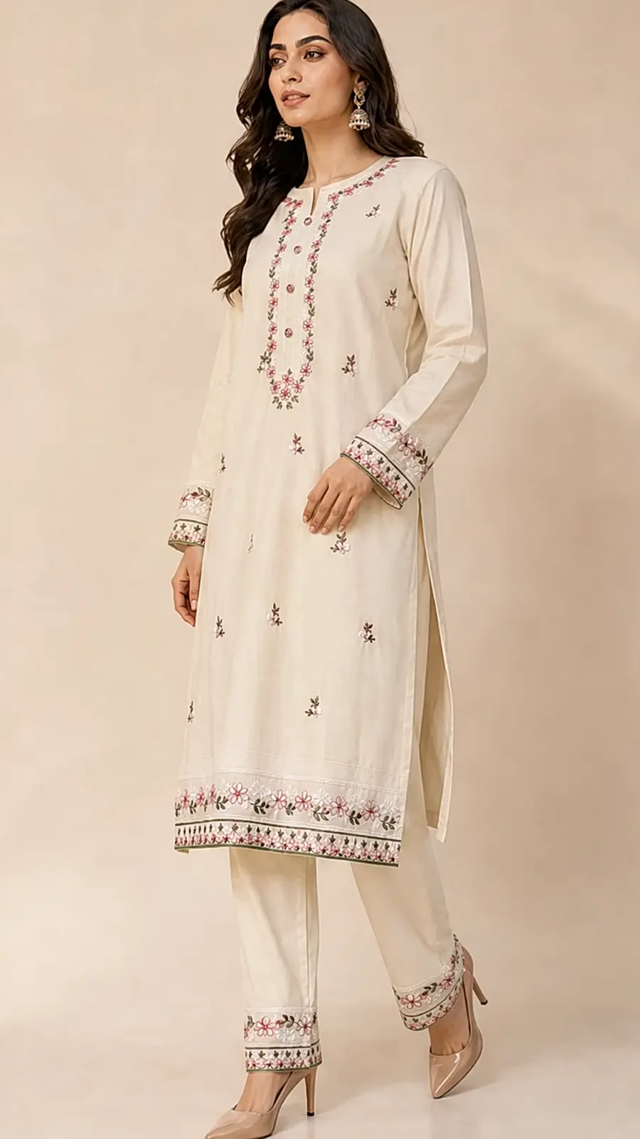Cream Embroidered Cotton Kurta Pant Set