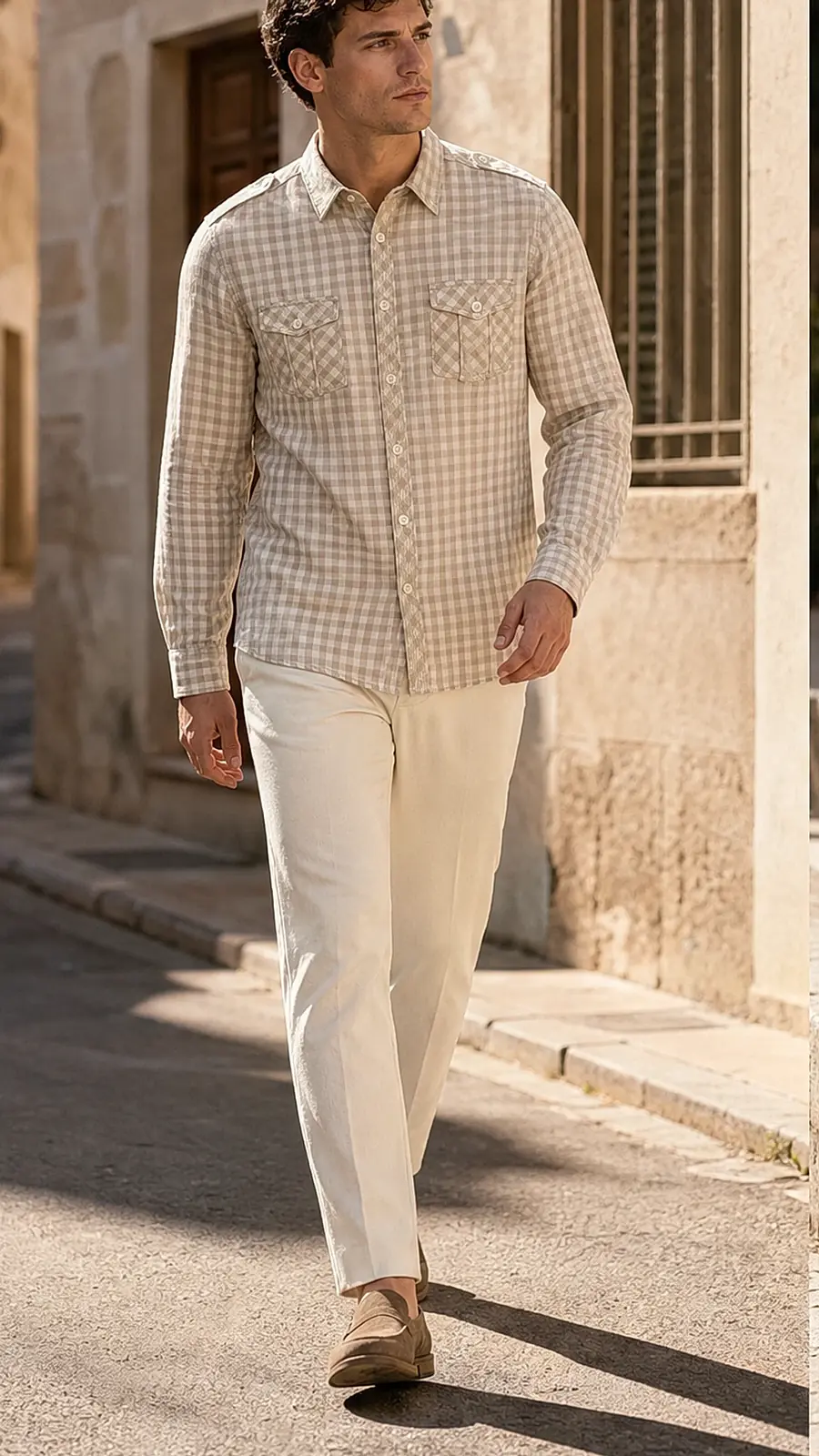 Beige White Gingum Check Egyption Cotton Shirt