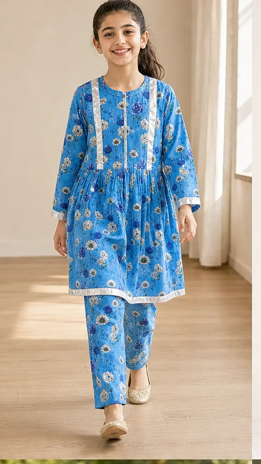 Girls Ocean Blue Floral Frock Shalwar Set