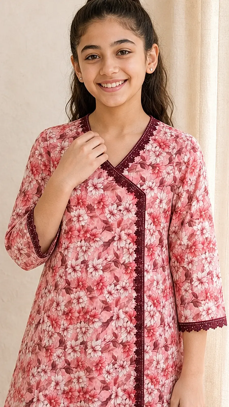 Girls Crimson Floral Angrakha Shalwar Set