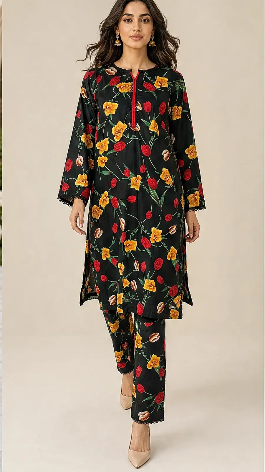 Black Floral Two Piece Cotton Lawn Coord Set