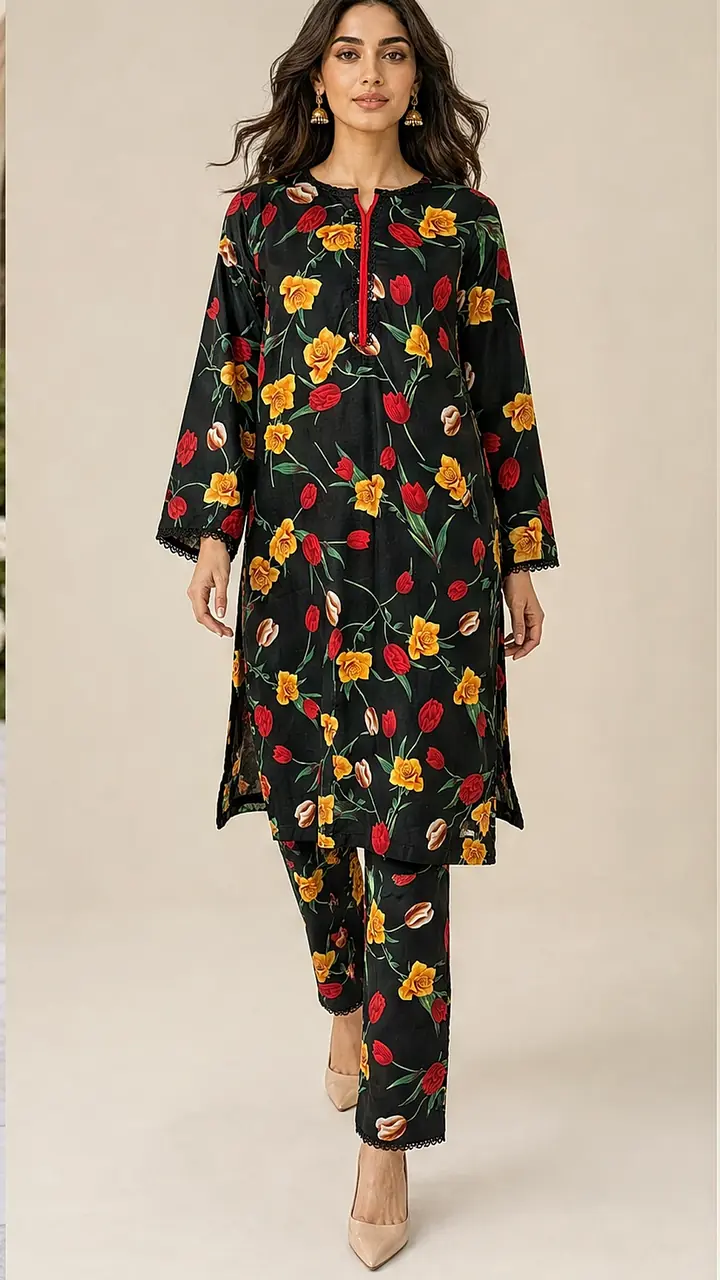 Midnight Black Tulip Floral Cotton Lawn 2-Piece Co-ord Set - Long Length Shirt