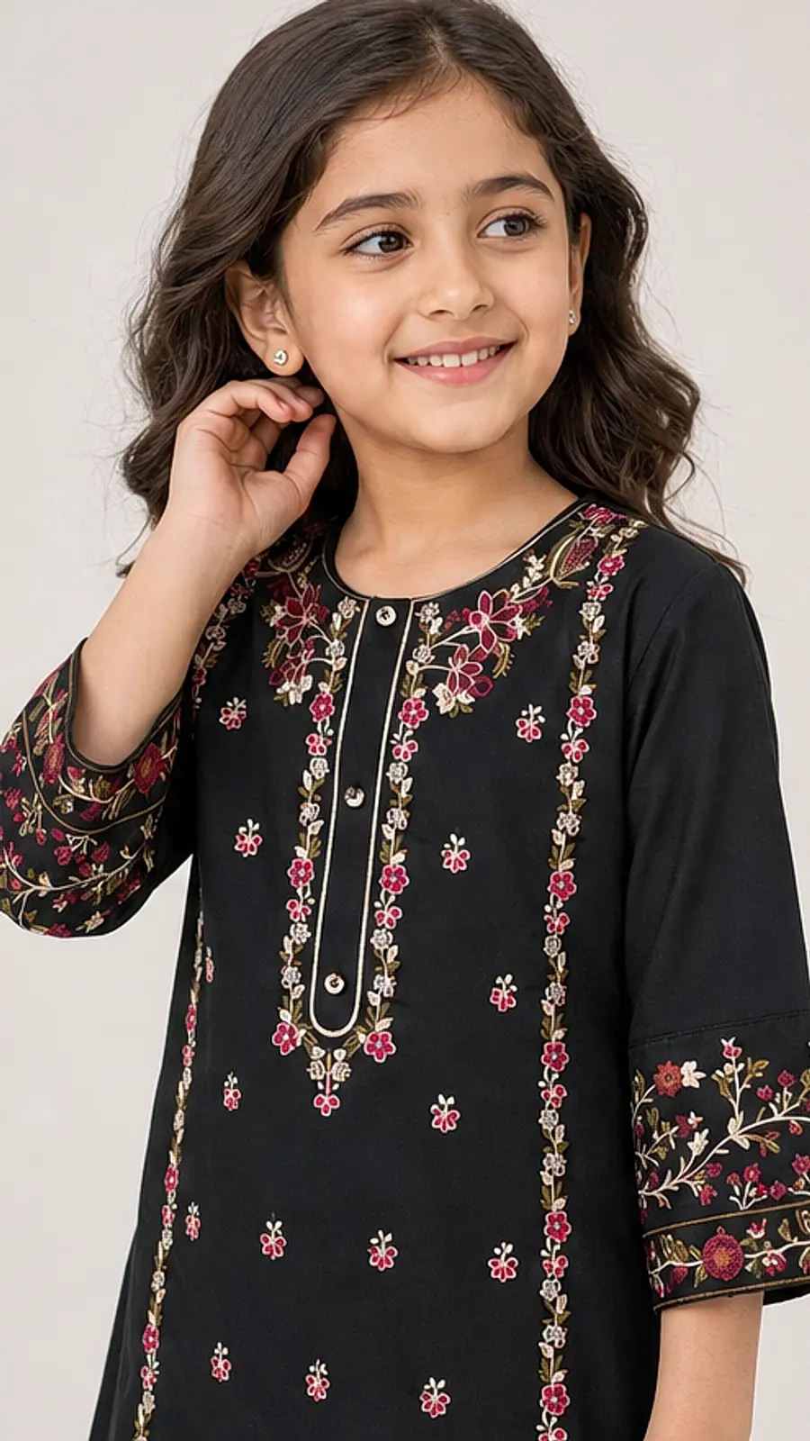 Girls Embroidered Black Kurta Trouser Set