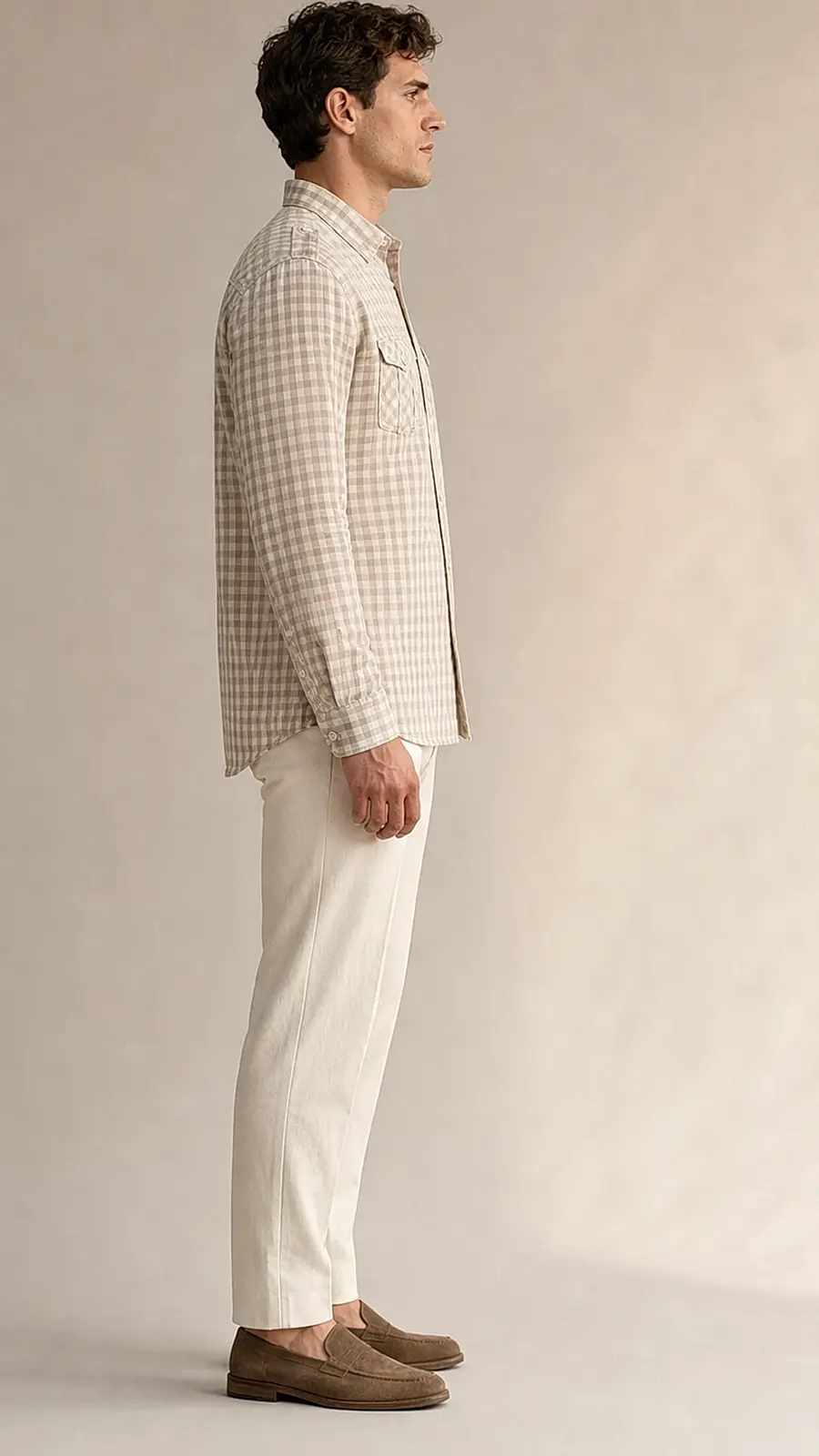 Beige White Gingum Check Egyption Cotton Shirt