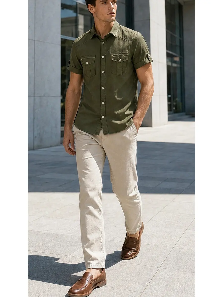 Olive Half Sleeve Pigment dyed Egyptian Cotton Shirt
