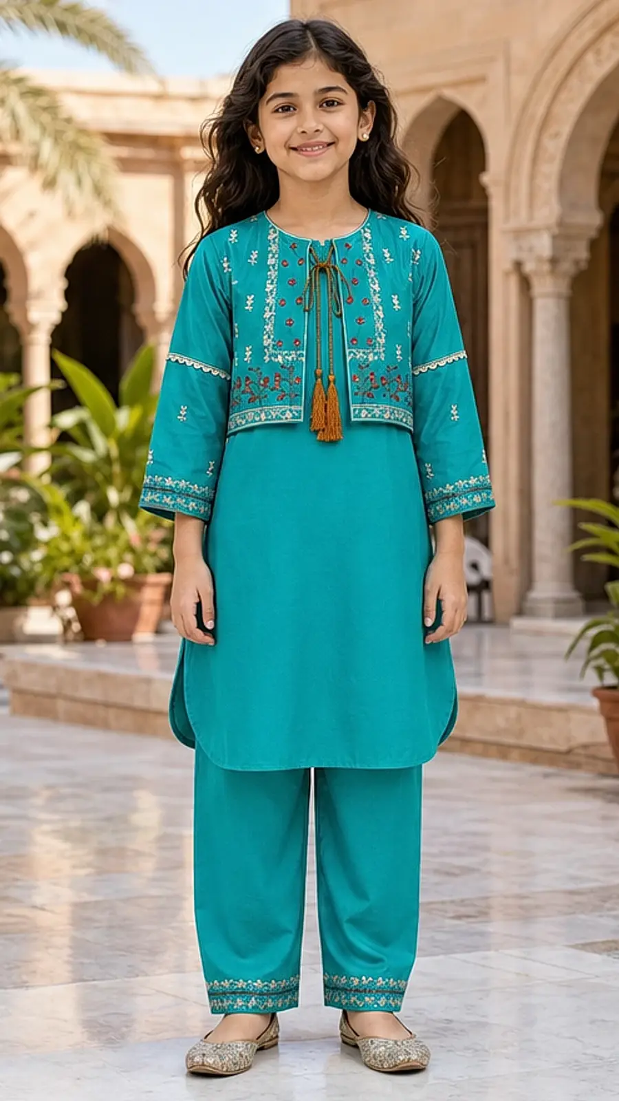 Teal Embroidered Girls Kurta Pant Set