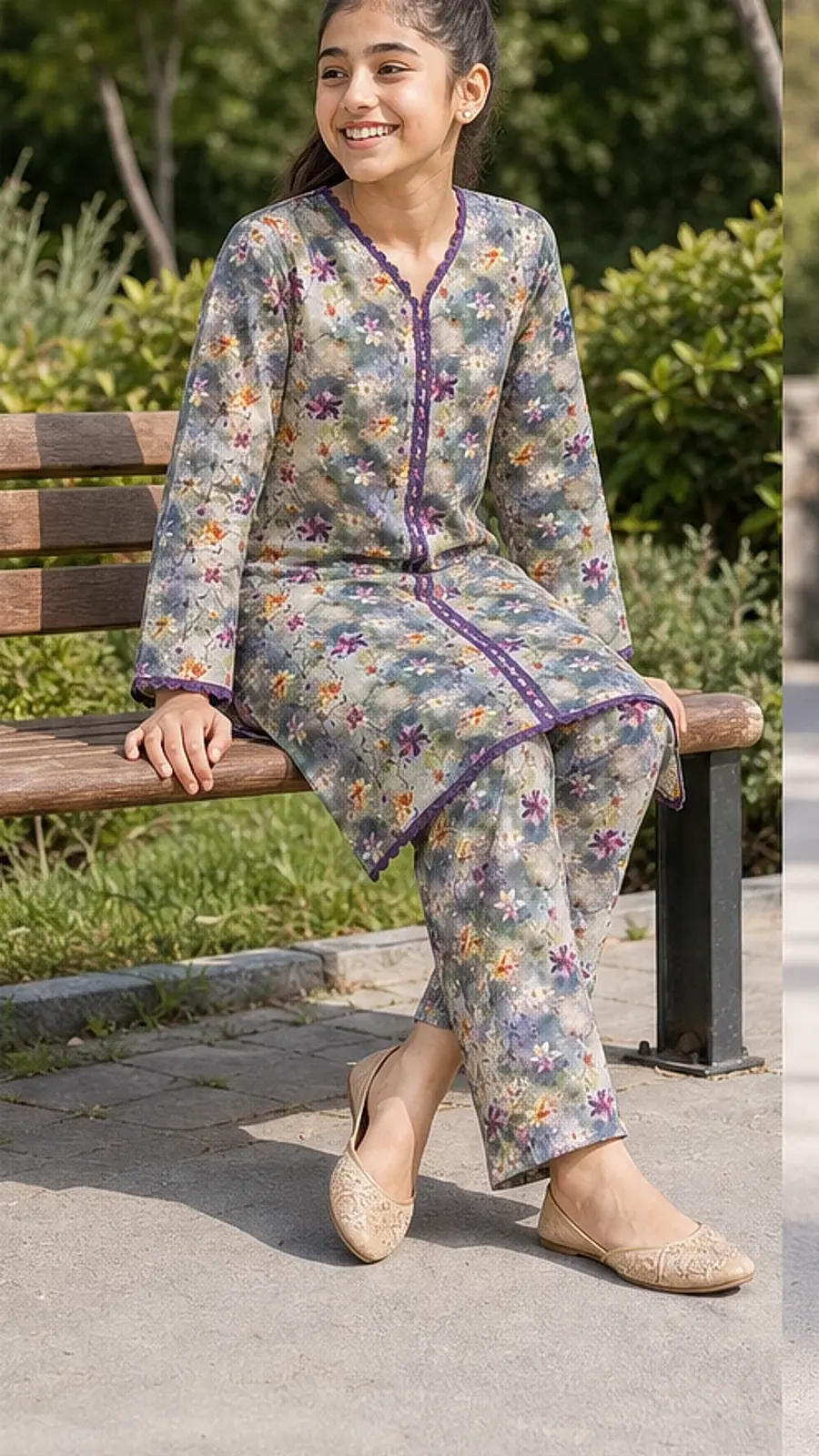 Girls Muted Floral Angrakha Shalwar Set