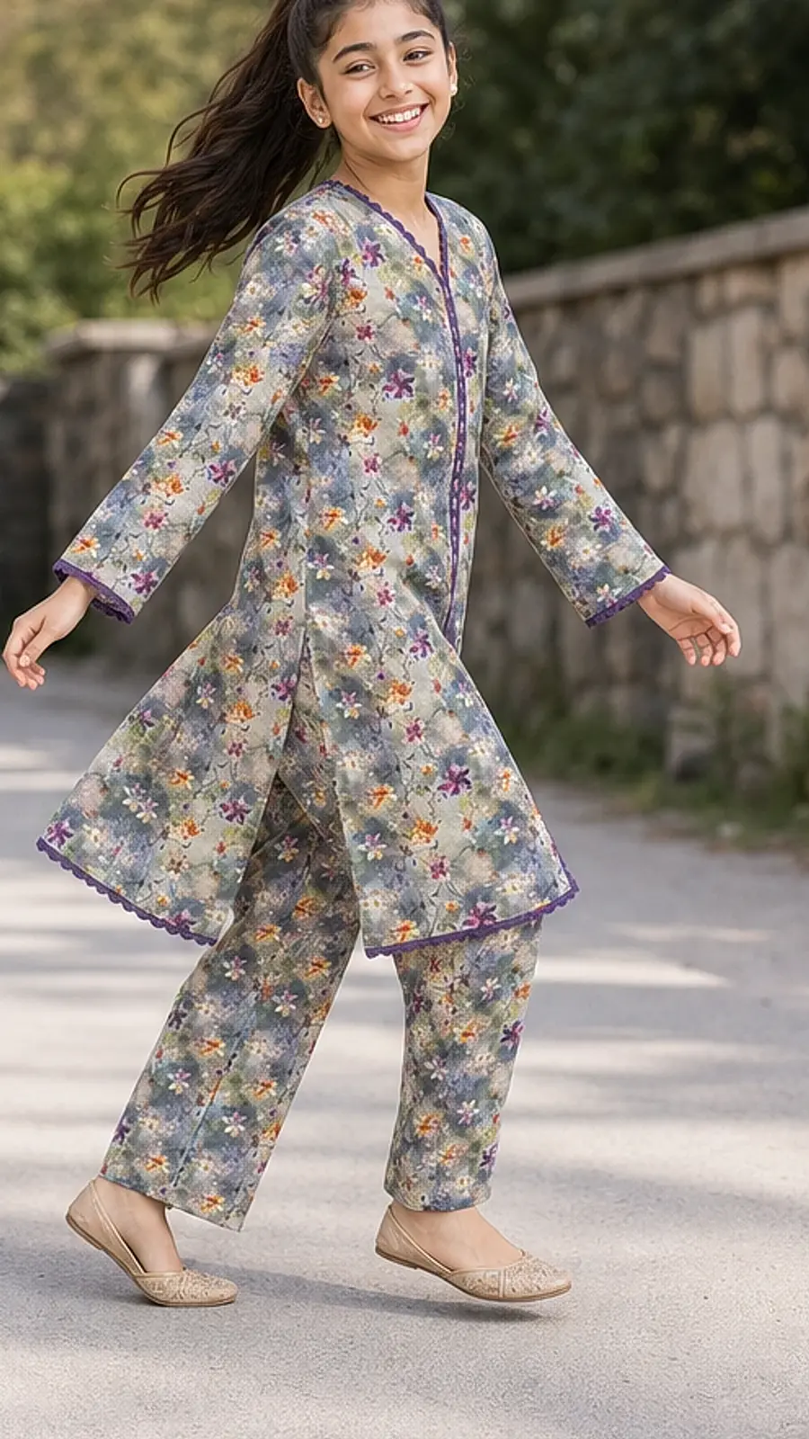 Girls Muted Floral Angrakha Shalwar Set