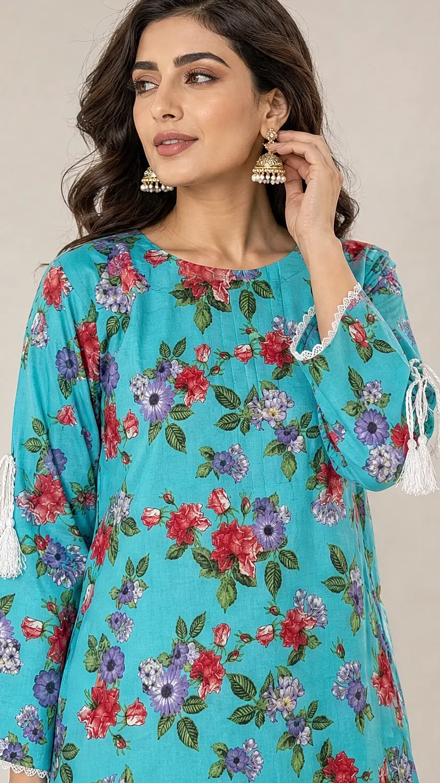 Turquoise Floral Cotton Lawn Co-ord Set