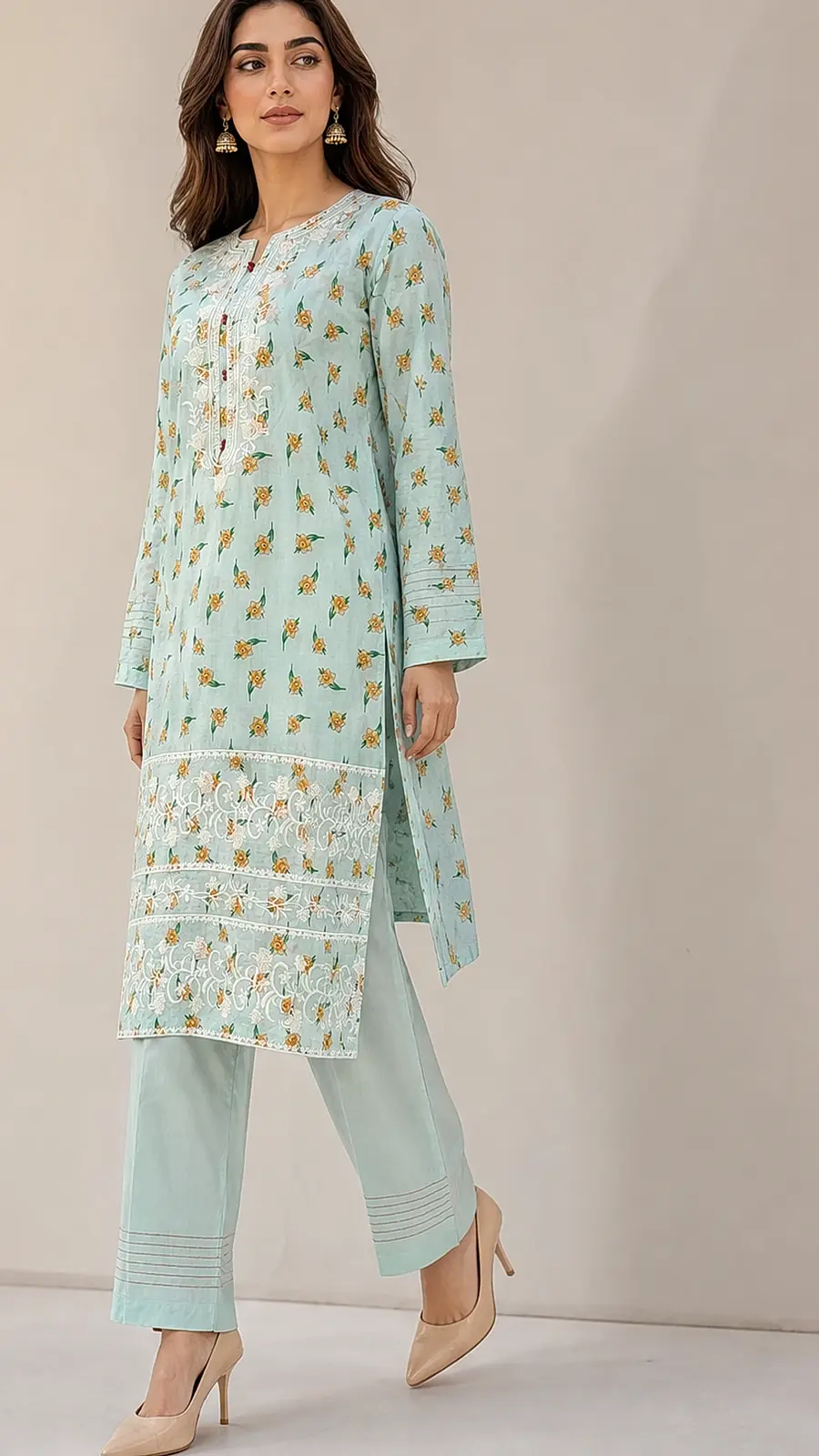 Sea Green Embriodered 2 Pcs Egyptian Soft Cotton Lawn Suit