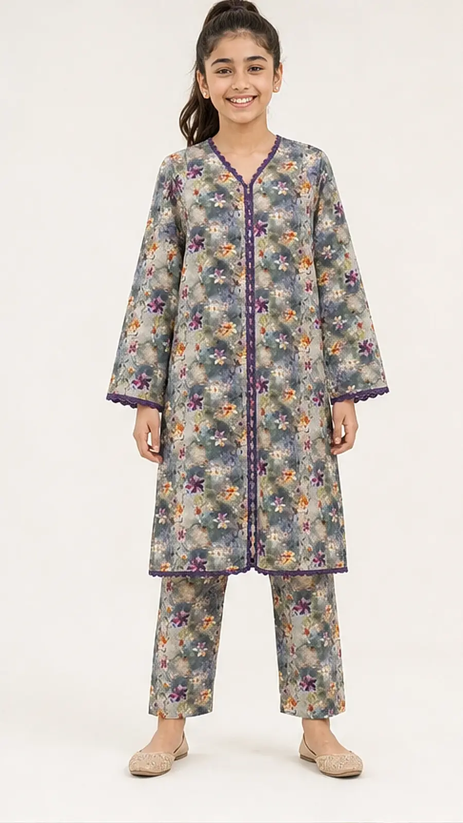 Girls Muted Floral Angrakha Shalwar Set