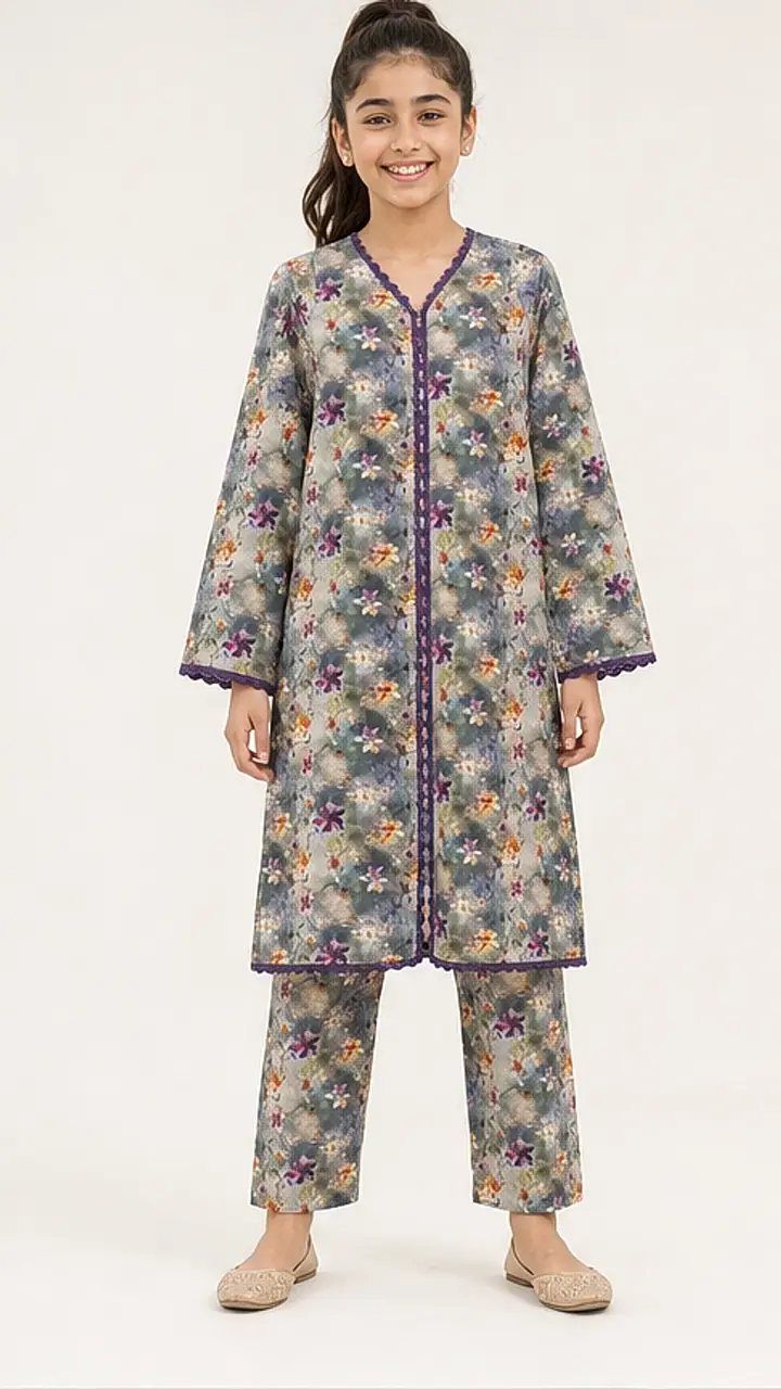 Girls Muted Floral Angrakha Shalwar Set
