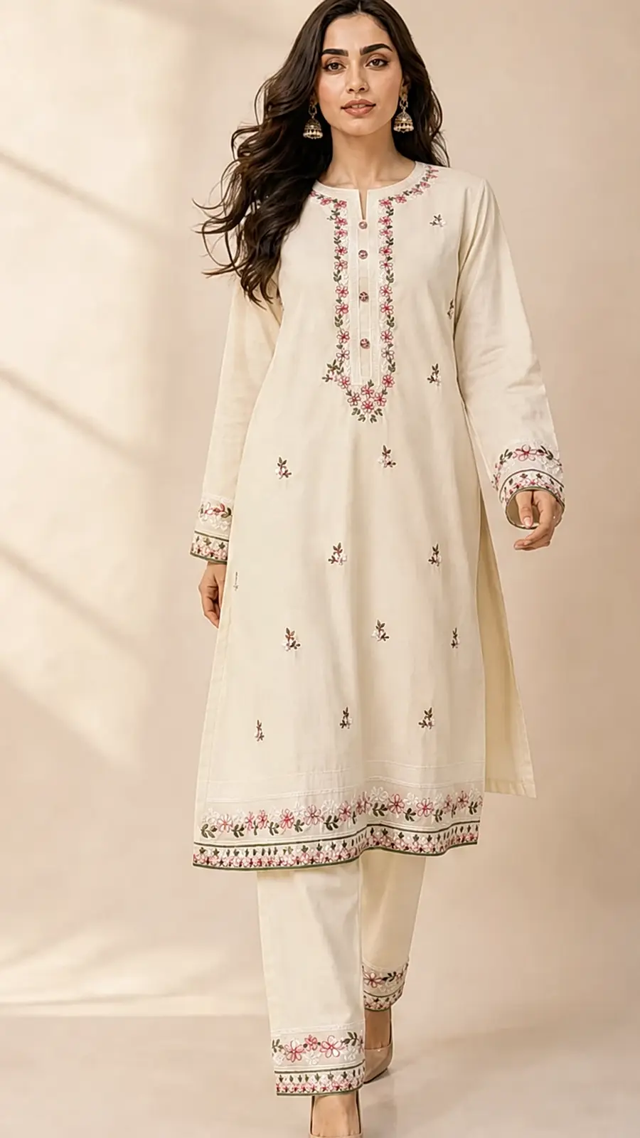 Cream Embroidered Cotton Kurta Pant Set