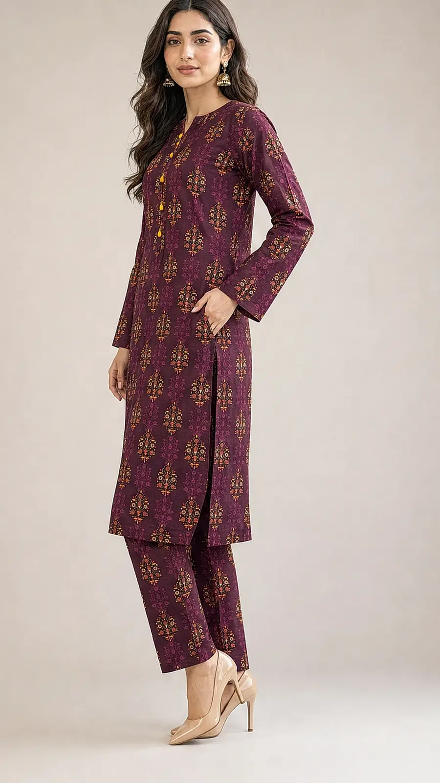 Plum Printed Cotton Lawn Co-ord Suit