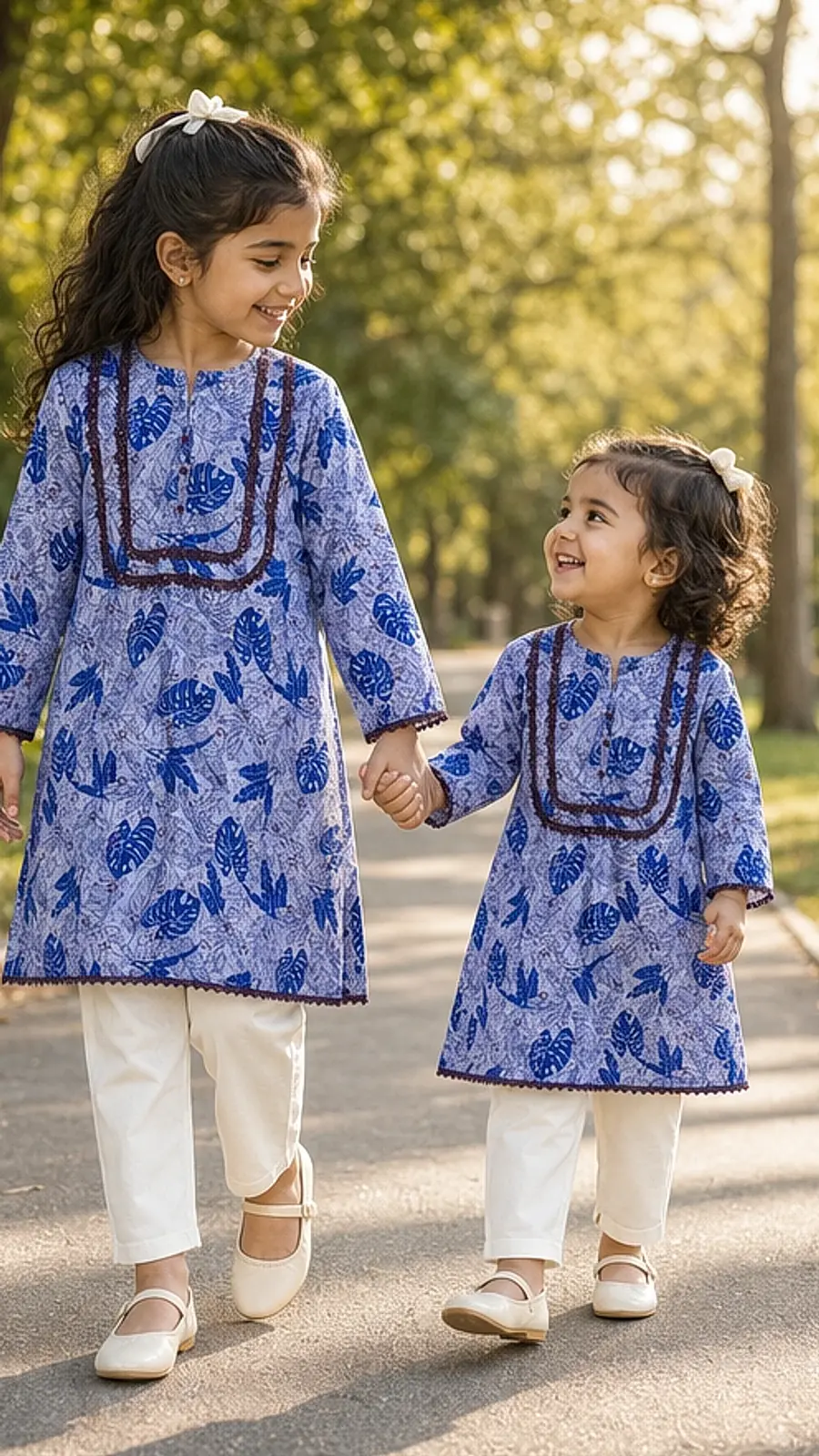 Girls Blue Leaf Print Kurta Trouser Set