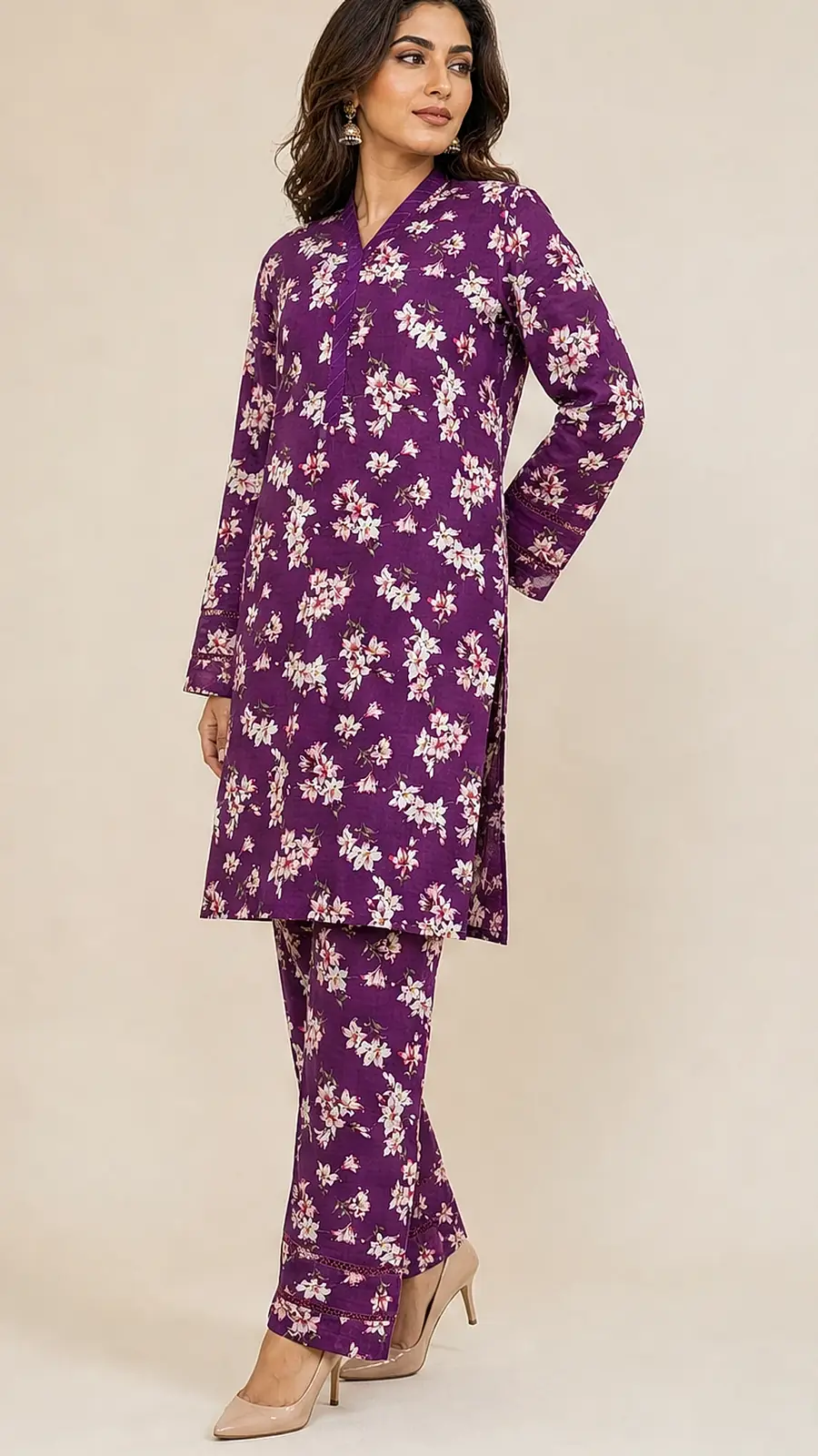 White_Purple 2 Pcs Coord  Soft Cotton Lawn Suit