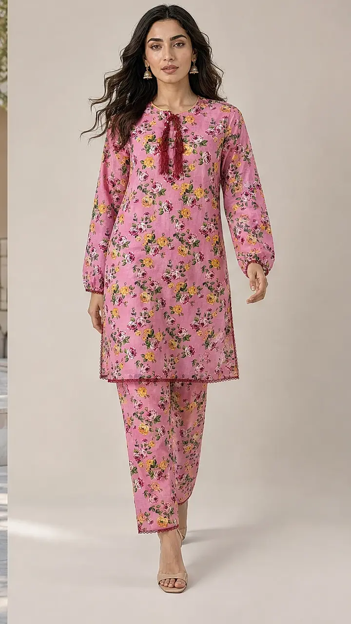 Rose Pink Blossom Cotton Lawn 2-Piece Co-ord Set