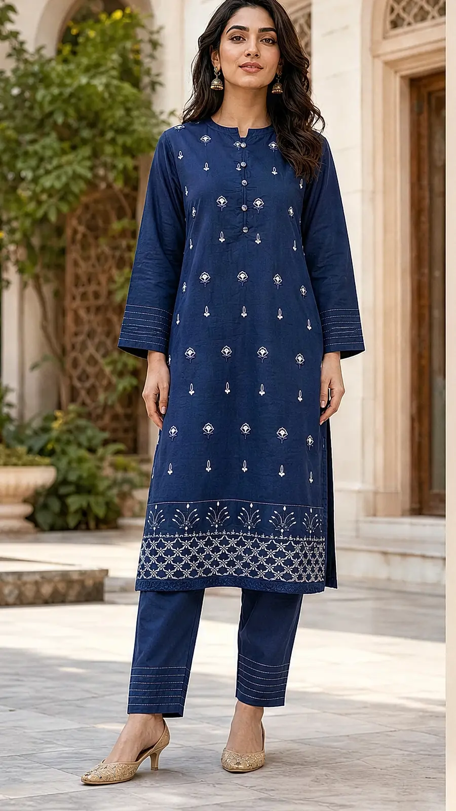 Navy and Embriodered 2 Pcs Egyptian Soft Cotton Lawn Suit
