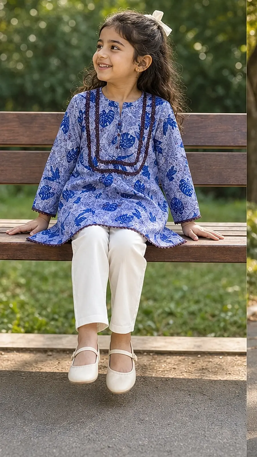 Girls Blue Leaf Print Kurta Trouser Set