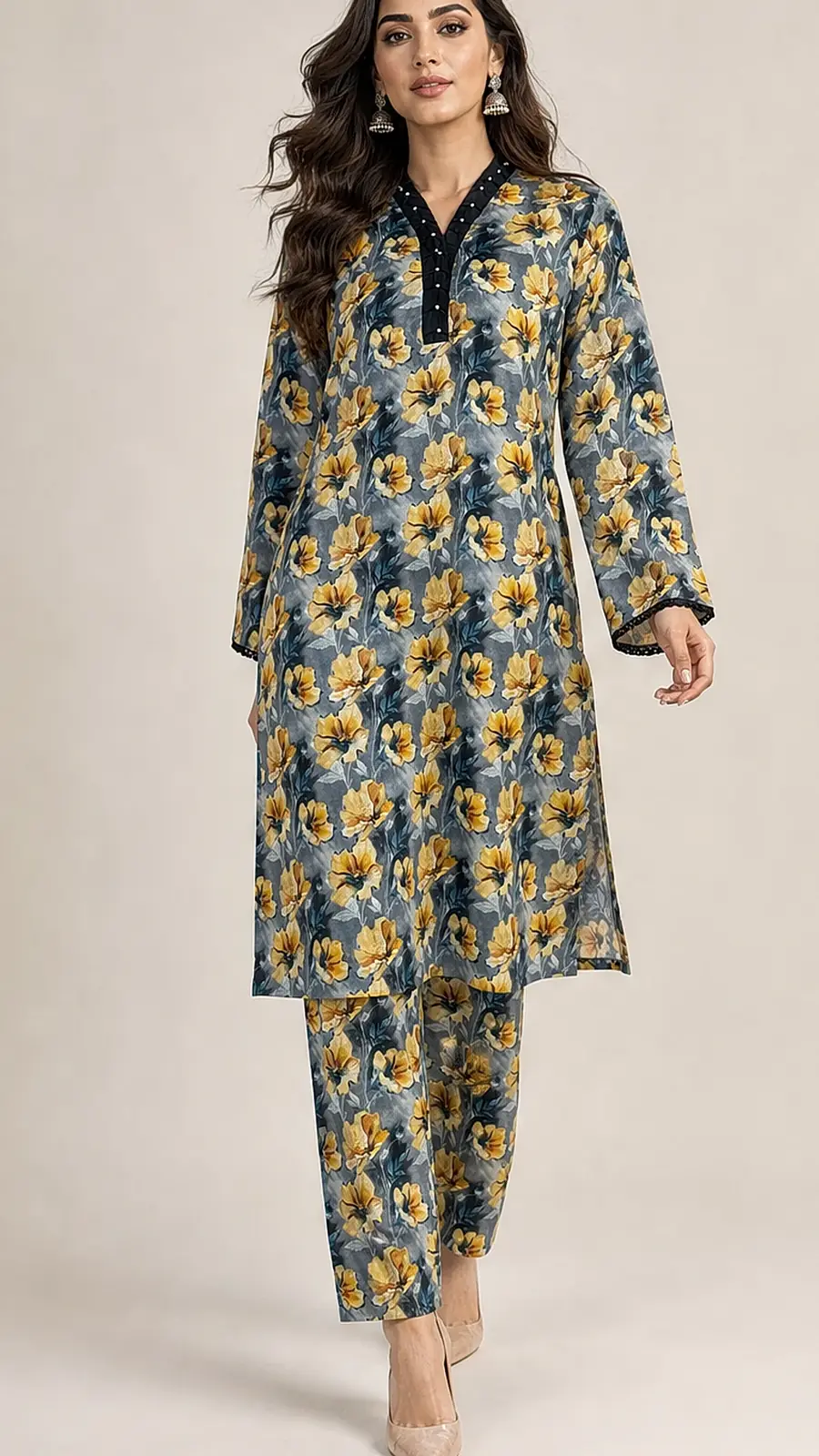 Gray_Yellow 2 Pcs Coord  Soft Cotton Lawn Suit