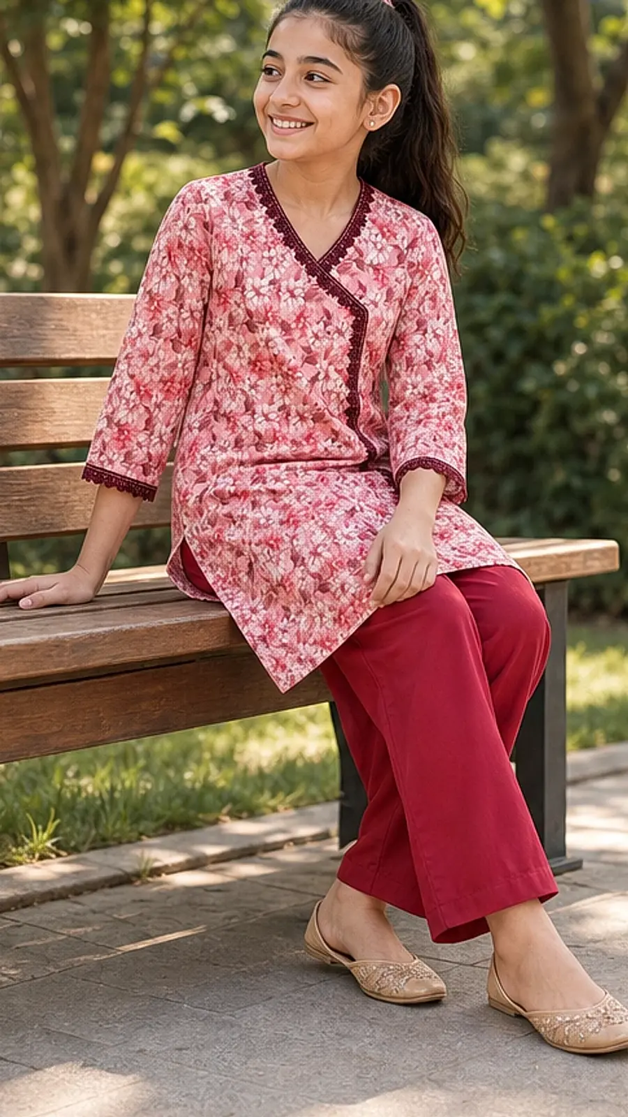 Girls Crimson Floral Angrakha Shalwar Set