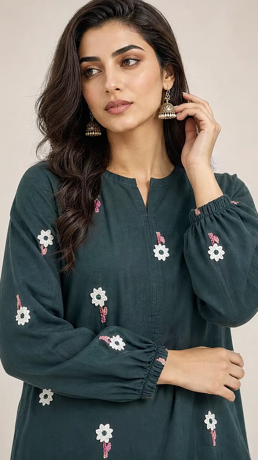 Bottle Green Embroidered Cotton Lawn 2 Piece Suit